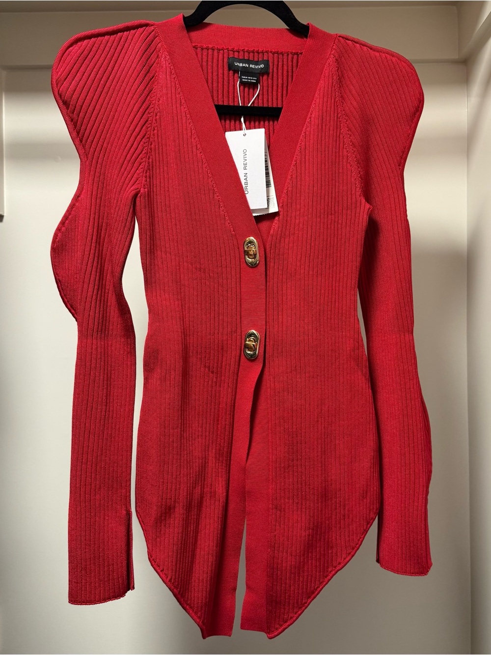 Urban Revivo Sculpted-Sleeve Red Ribbed Cardigan
